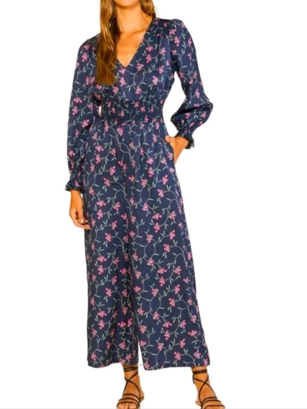 Outerknown City Lights Jumpsuit Floral Silk Hemp Wide Leg Cropped Ankle Navy XS